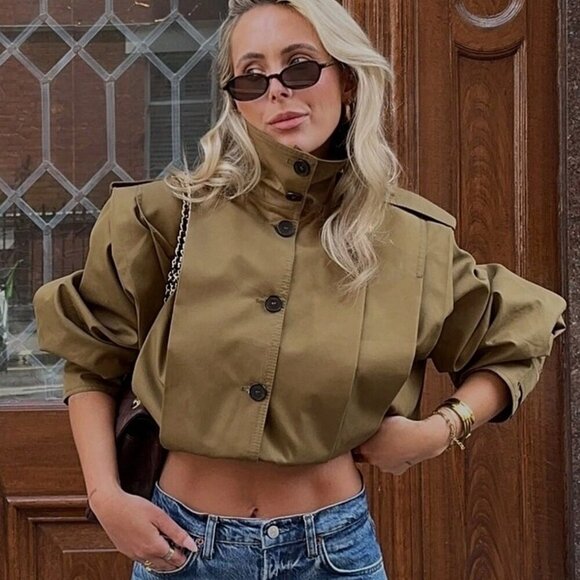 Casual Women's Pleated Jacket Long Sleeve Cropped Coat Trench Jackets Stre - Picture 6 of 11